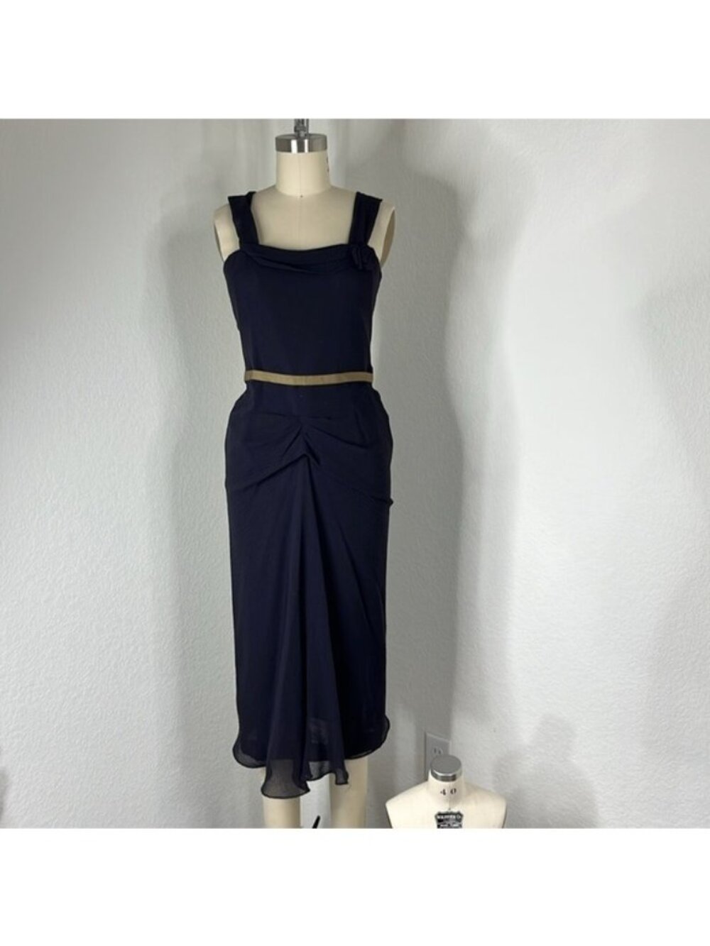 Roland Mouret Draped Belted Pleated Midi Ruffle Hem Dress